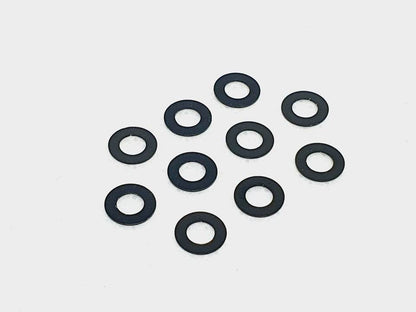 Pack of 10 aluminium M3 0.5mm flat gasket washers, used as spacer shims for precise RC car assembly