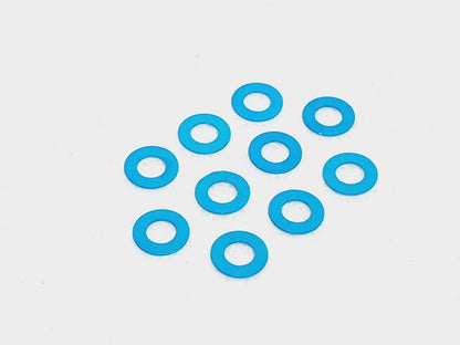 Pack of 10 aluminium M3 0.25mm flat gasket washers, used as spacer shims for precise RC car assembly