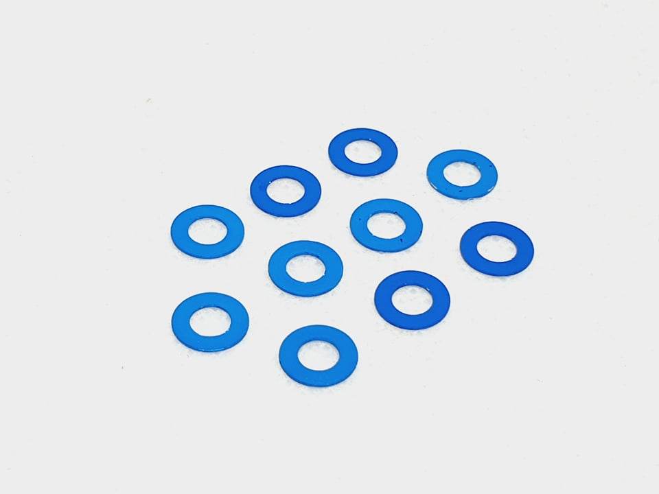Pack of 10 aluminium M3 0.5mm flat gasket washers, used as spacer shims for precise RC car assembly