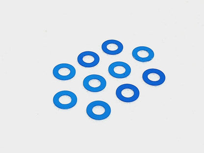 Pack of 10 aluminium M3 0.5mm flat gasket washers, used as spacer shims for precise RC car assembly